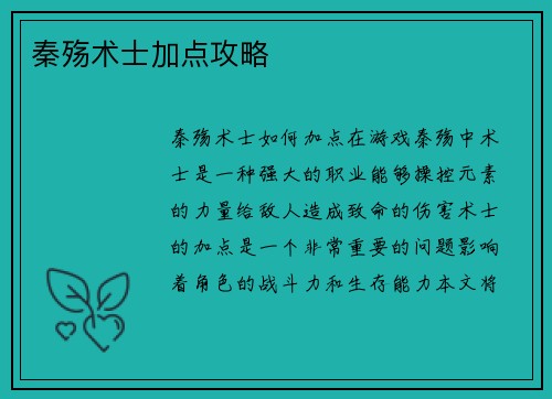 秦殇术士加点攻略